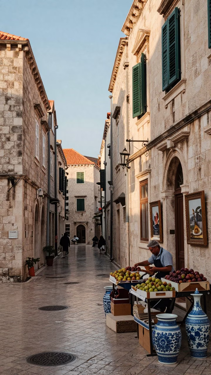 Late Morning Street Scene in Dubrovnik Croatia with Blue White Porcelain Bowl in in Dubrovnik, Croatia