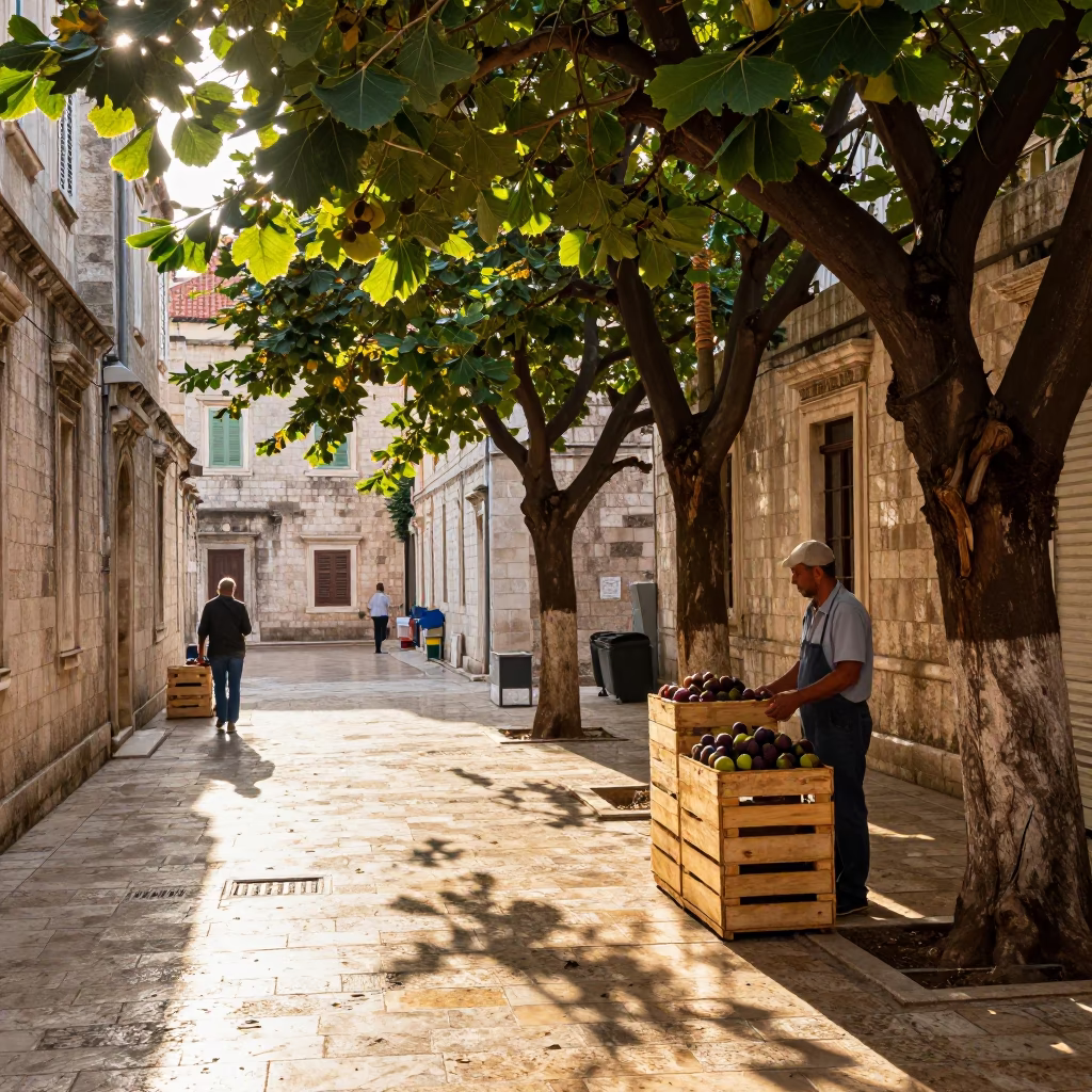 Late Morning Street Scene in Dubrovnik Croatia with Figs and Leaf Shadows in in Dubrovnik, Croatia