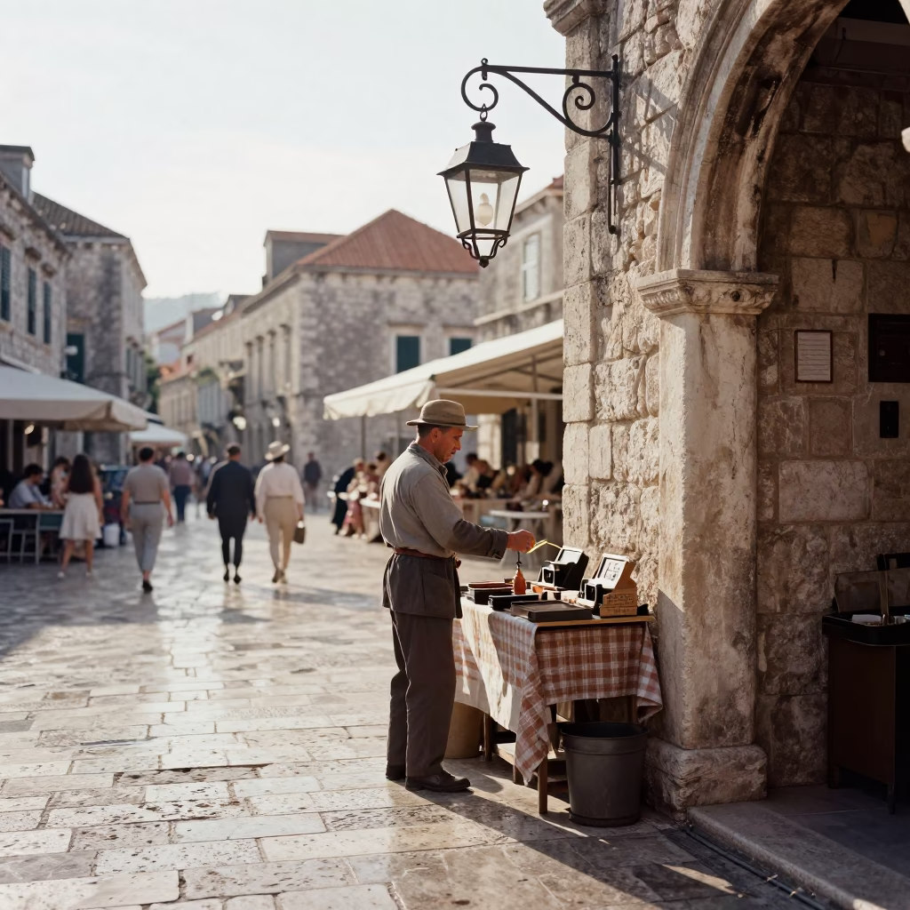 Late Morning Street Scene in Dubrovnik Croatia with Lantern and Local Interaction in in Dubrovnik, Croatia