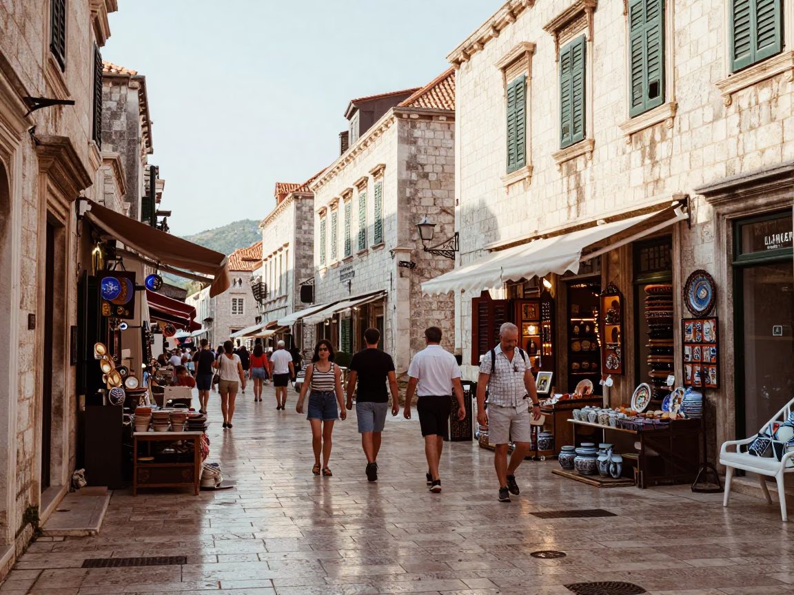 Late Morning Street Scene in Dubrovnik Croatia with Tourists and Local Life in in Dubrovnik, Croatia