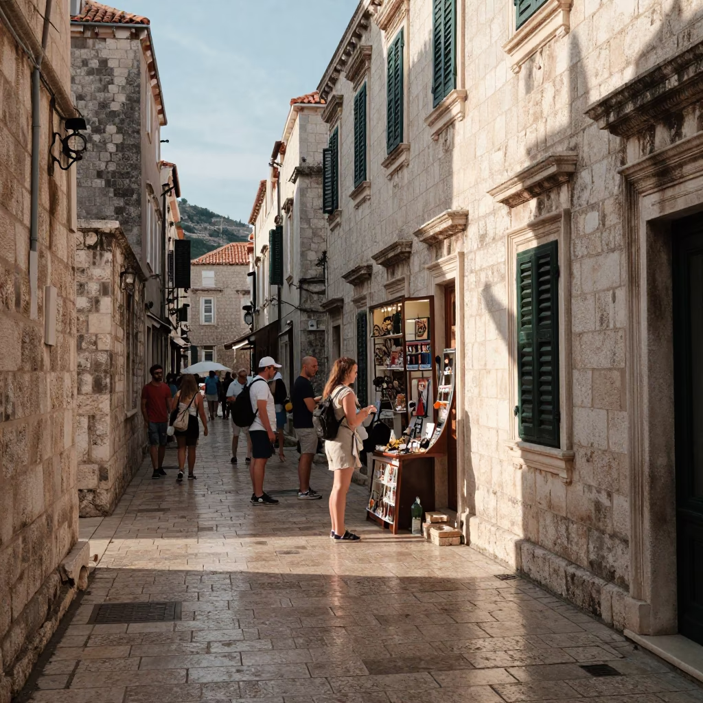 Late Morning Street Scene in Dubrovnik Croatia with Tourists and Local Shop Display in in Dubrovnik, Croatia