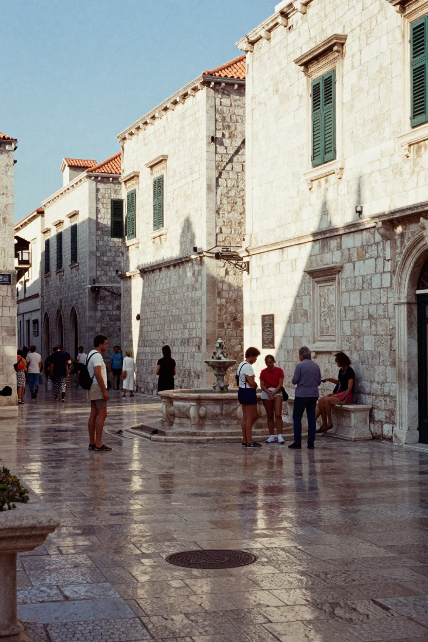 Late Morning Street Scene in Dubrovnik Croatia with Tourists and Stone Architecture in in Dubrovnik, Croatia