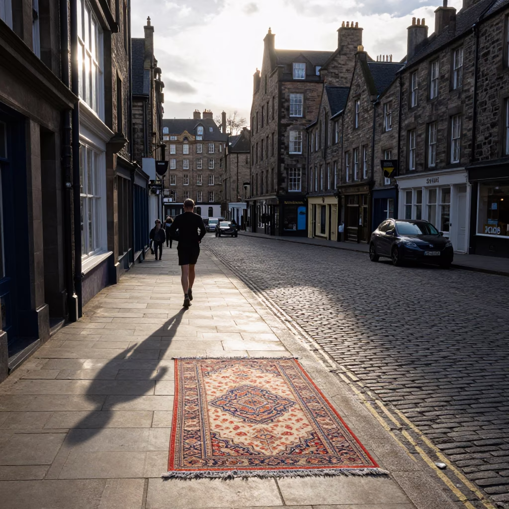 Late Morning Street Scene in Edinburgh Scotland with Runner and Window Light in in Edinburgh, United Kingdom