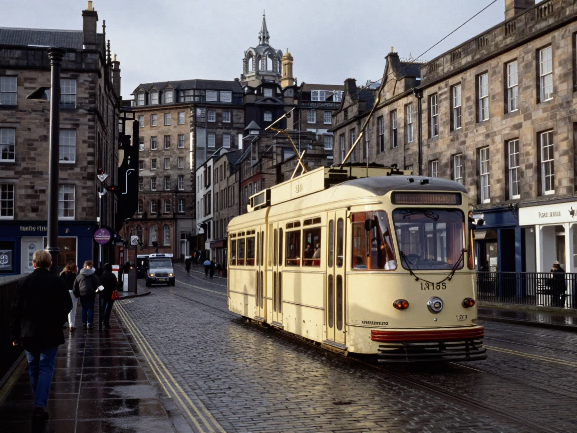 Late Morning Street Scene in Edinburgh with Heritage Tram and Fruit Crate in in Edinburgh, United Kingdom
