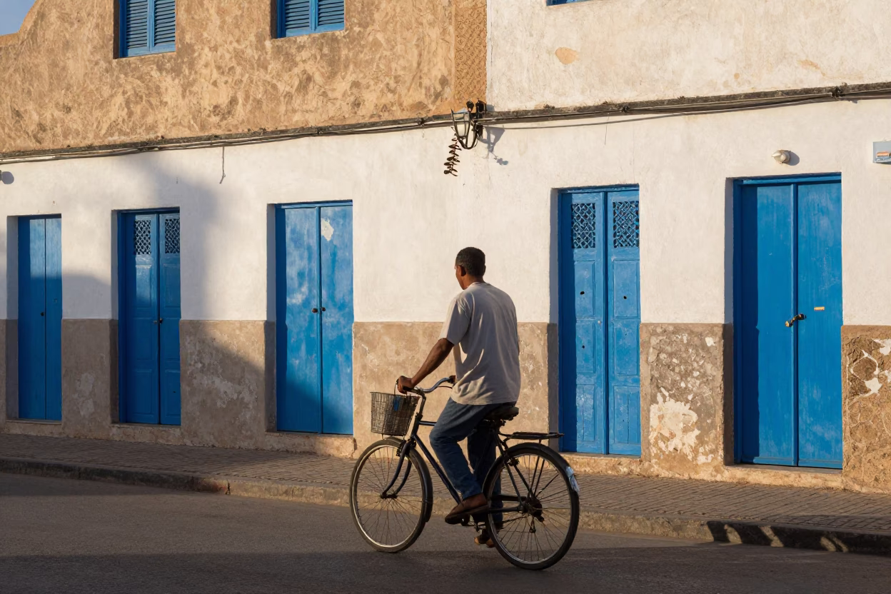 Late Morning Street Scene in Essaouira Morocco with Bicycle and Local Interaction in in Essaouira, Morocco