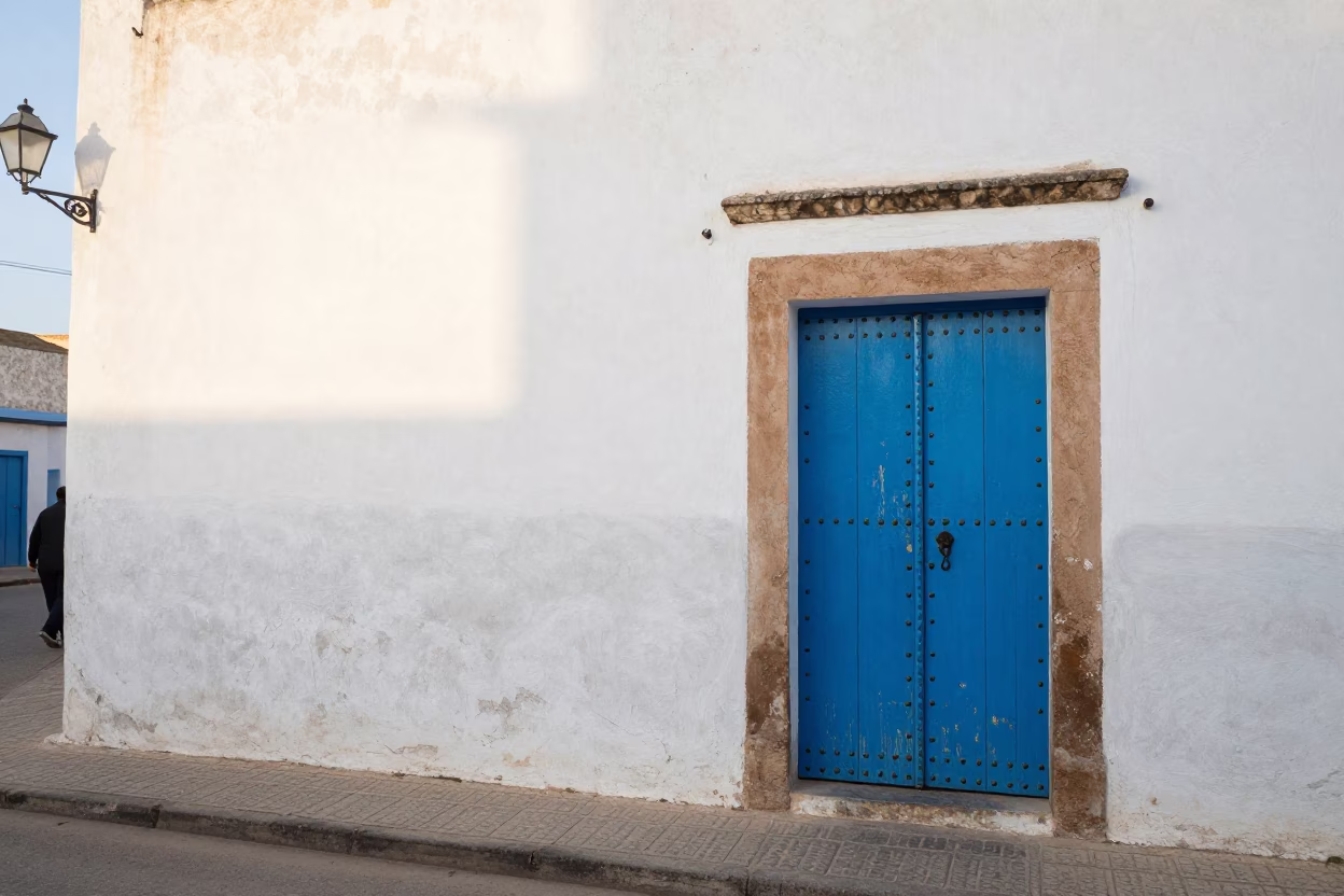 Late morning street scene in Essaouira Morocco with blue door and bicycle in in Essaouira, Morocco