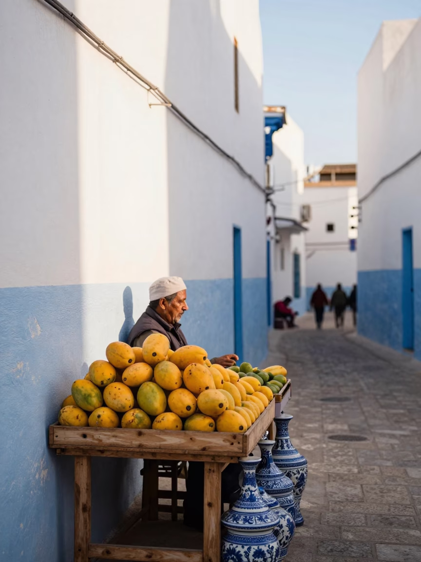 Late Morning Street Scene in Essaouira Morocco with Blue Porcelain and Mangoes in in Essaouira, Morocco