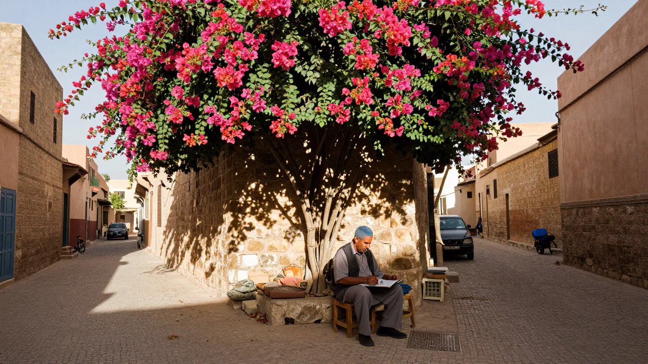 Late Morning Street Scene in Fez Morocco with Bougainvillea and Sketchbook in in Fez, Morocco
