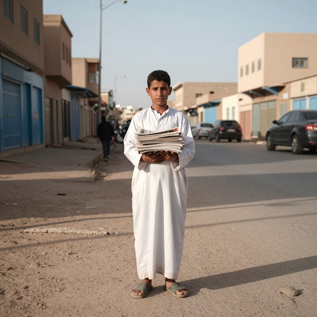 Late Morning Street Scene in Fez Morocco with Boy Selling Newspapers on Busy Corner in in Fez, Morocco