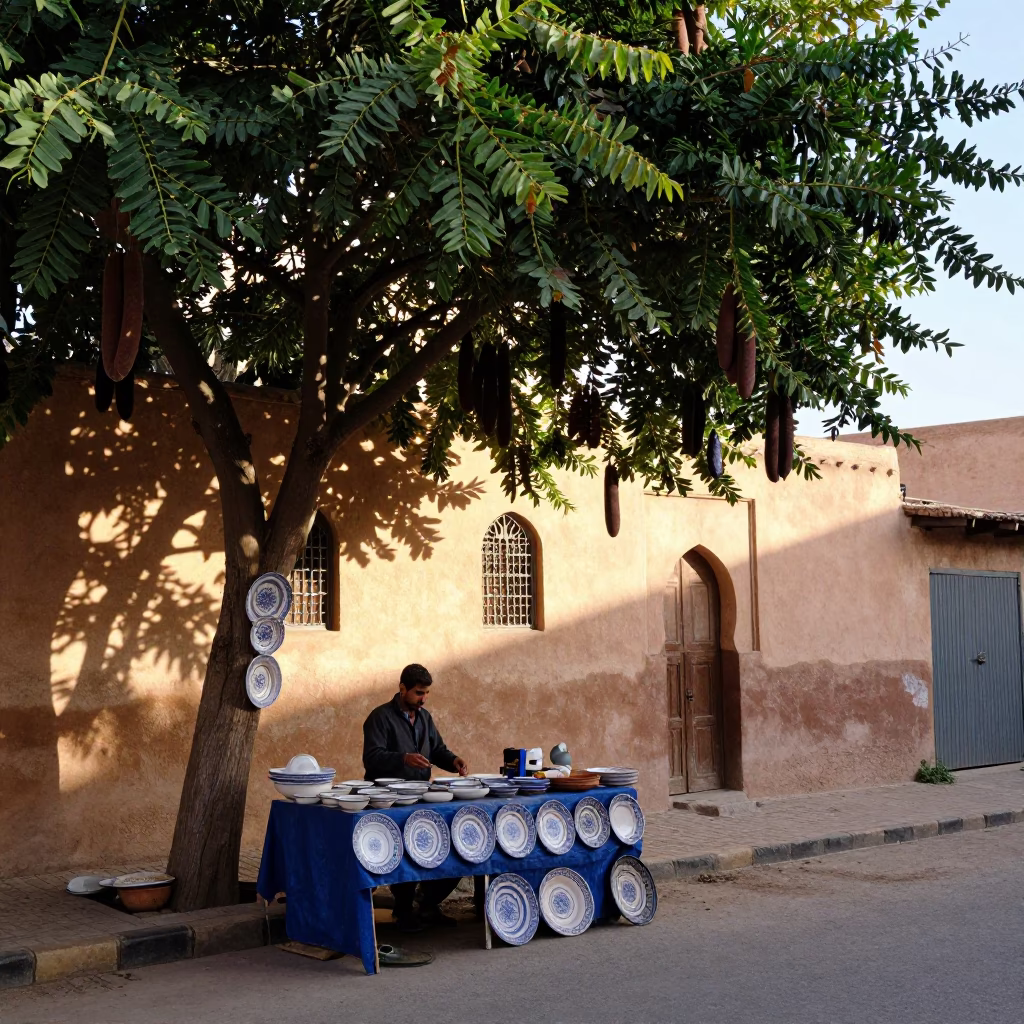 Late Morning Street Scene in Fez Morocco with Ceramic Plates and Window Light in in Fez, Morocco