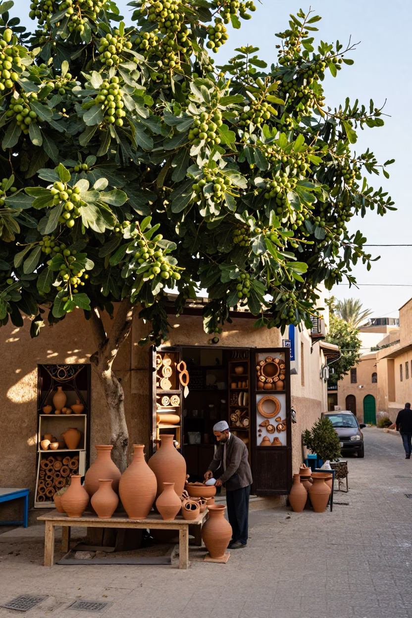 Late Morning Street Scene in Fez Morocco with Fig Tree and Pottery in in Fez, Morocco