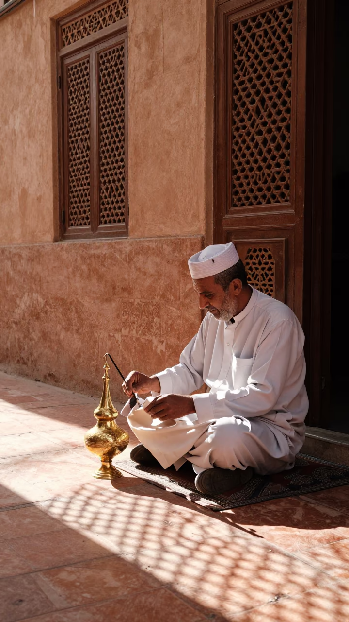 Late Morning Street Scene in Fez Morocco with Polished Brass and Ceramic Bowl in in Fez, Morocco