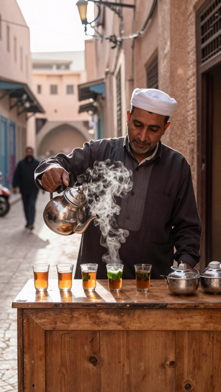 Late Morning Street Scene in Fez Morocco with Traditional Tea Service in in Fez, Morocco