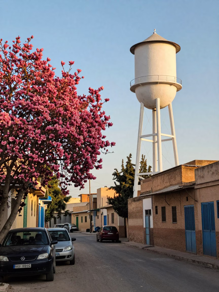 Late morning street scene in Fez Morocco with water tower and blooming magnolia tree in in Fez, Morocco