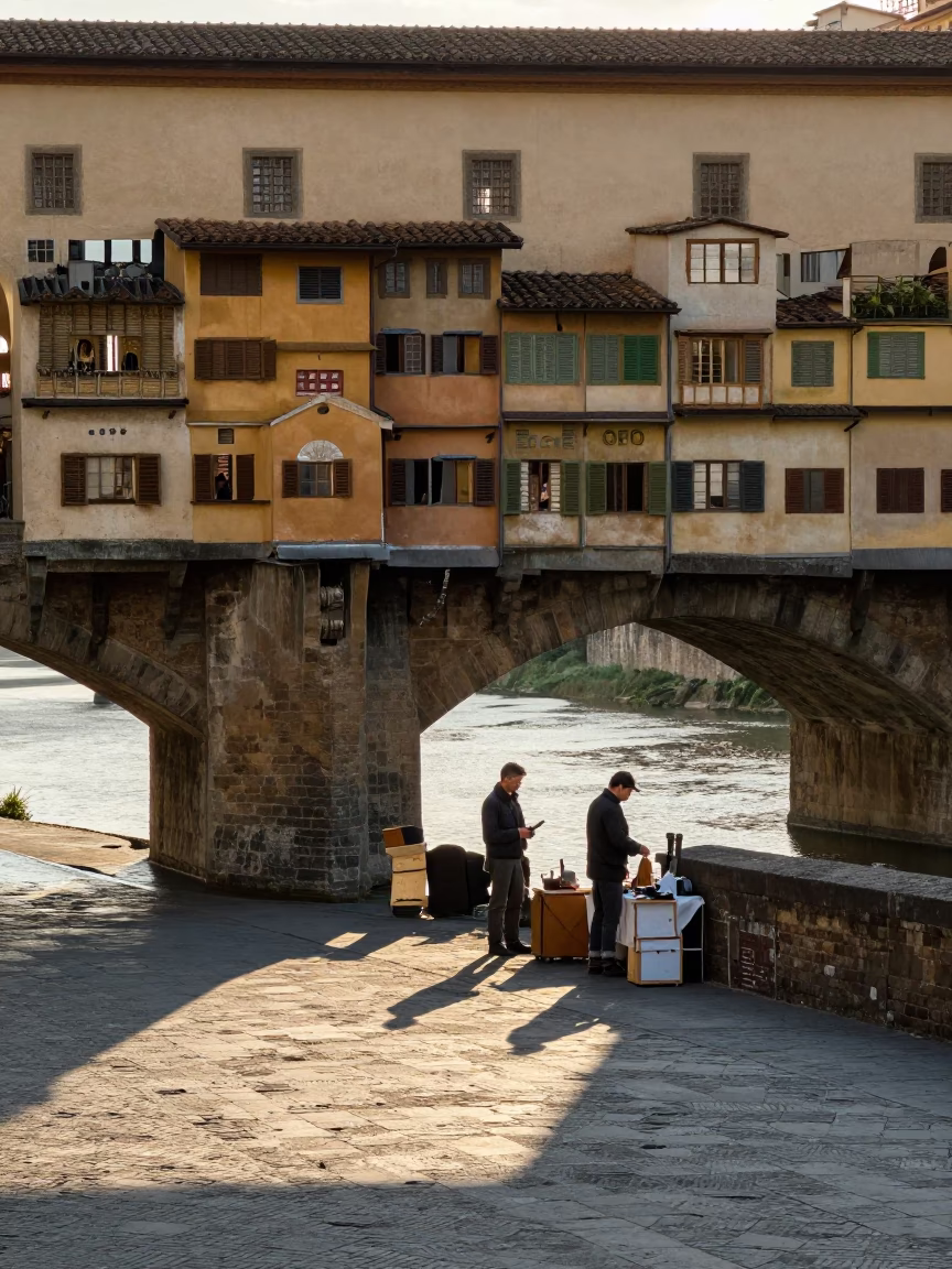 Late Morning Street Scene in Florence Italy with Bellows and Perforated Metal Pedestrian Overpass in in Florence, Italy
