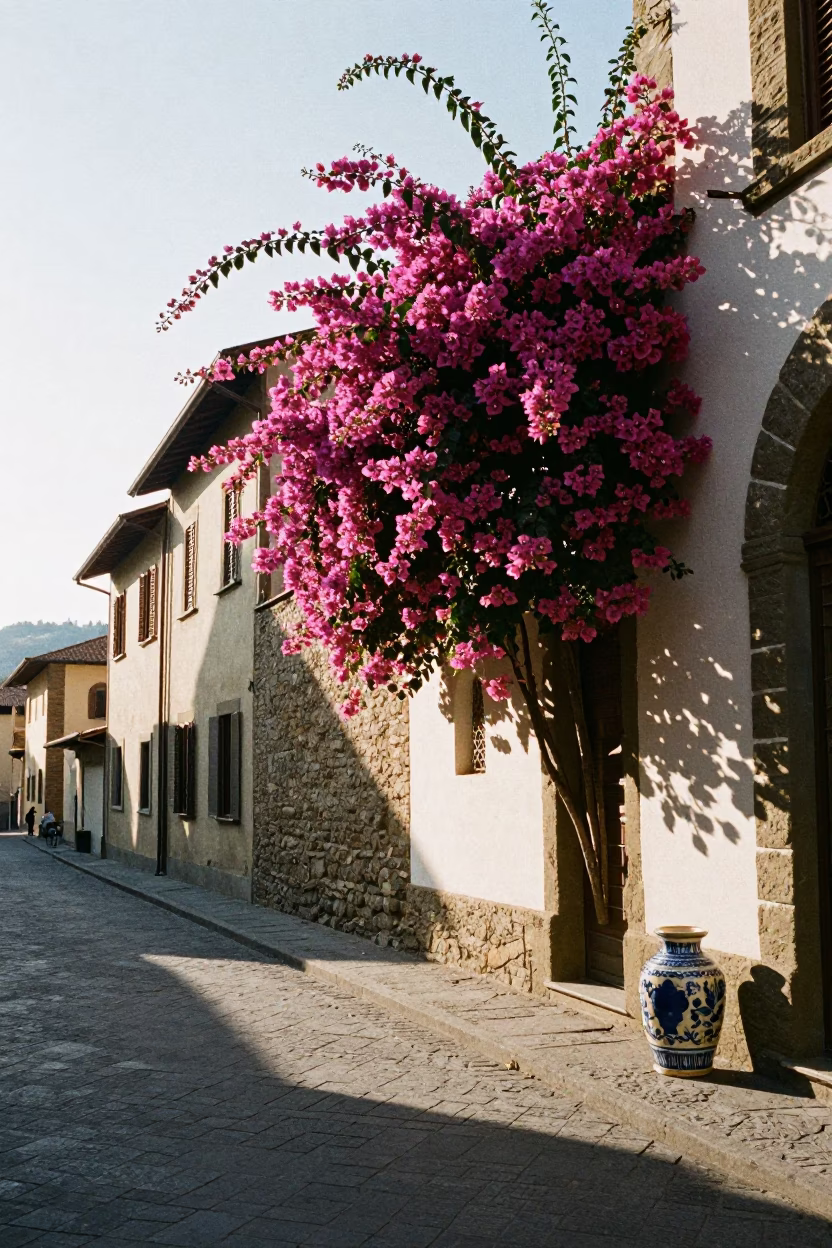 Late Morning Street Scene in Florence Italy with Bougainvillea and Ceramic Cup in in Florence, Italy