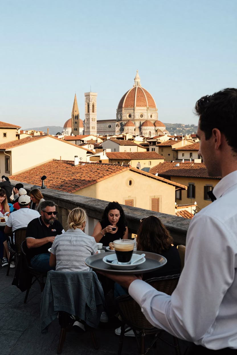 Late Morning Street Scene in Florence Italy with Espresso and Jianshing Crepe in in Florence, Italy
