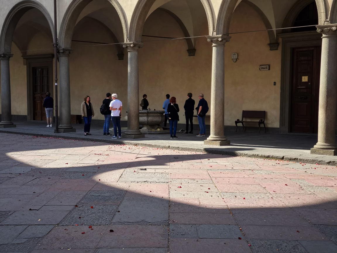 Late Morning Street Scene in Florence Italy with Fallen Rose Petals on Cobblestone Path in in Florence, Italy
