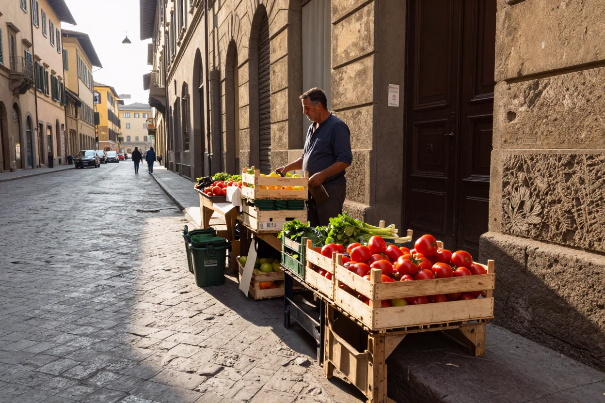 Late Morning Street Scene in Florence Italy with Fruit Crate and Jar in in Florence, Italy