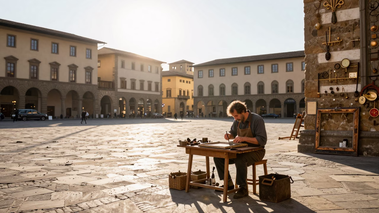Late Morning Street Scene in Florence Italy with Local Artisan Tools in in Florence, Italy
