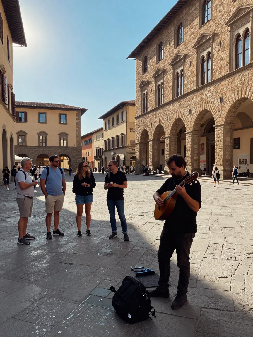 Late Morning Street Scene in Florence Italy with Mandolin and Local Interaction in in Florence, Italy