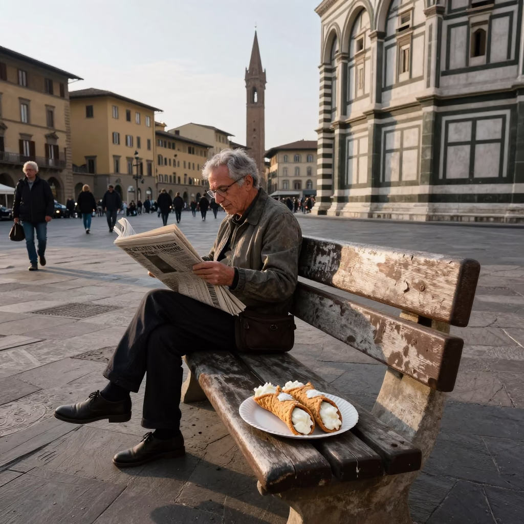 Late Morning Street Scene in Florence Italy with Park Bench and Cannoli in in Florence, Italy