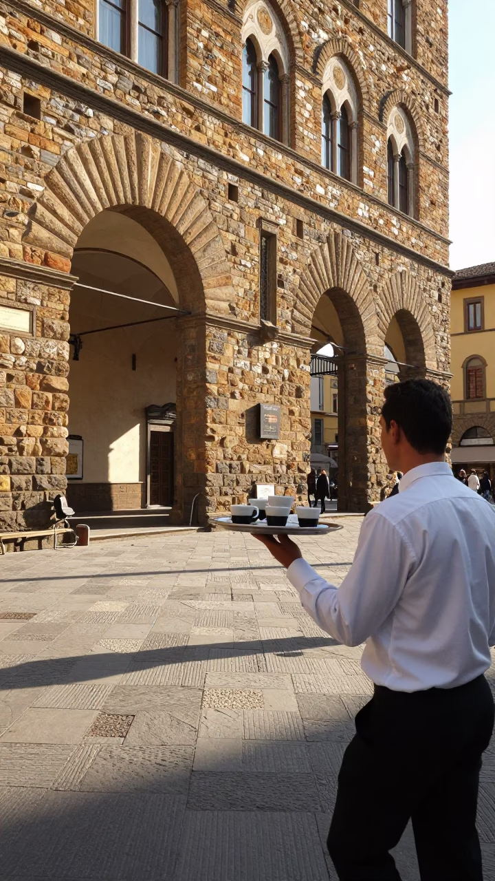 Late Morning Street Scene in Florence Italy with Stone Arcade and Local Cafe Culture in in Florence, Italy