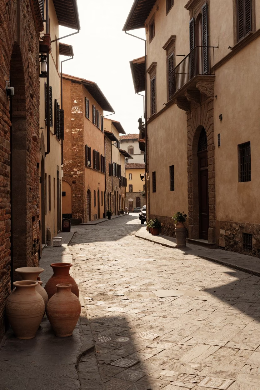 Late Morning Street Scene in Florence Italy with Stoneware Crocks and Historic Architecture in in Florence, Italy