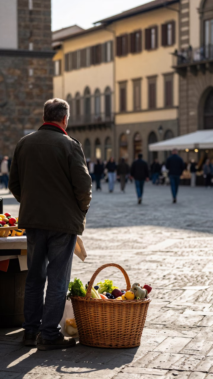 Late Morning Street Scene in Florence Italy with Wicker Basket and Chalk Tray in in Florence, Italy