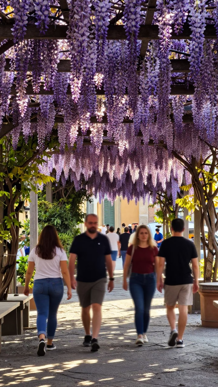 Late Morning Street Scene in Florence Italy with Wisteria Pergola and Urban Life in in Florence, Italy