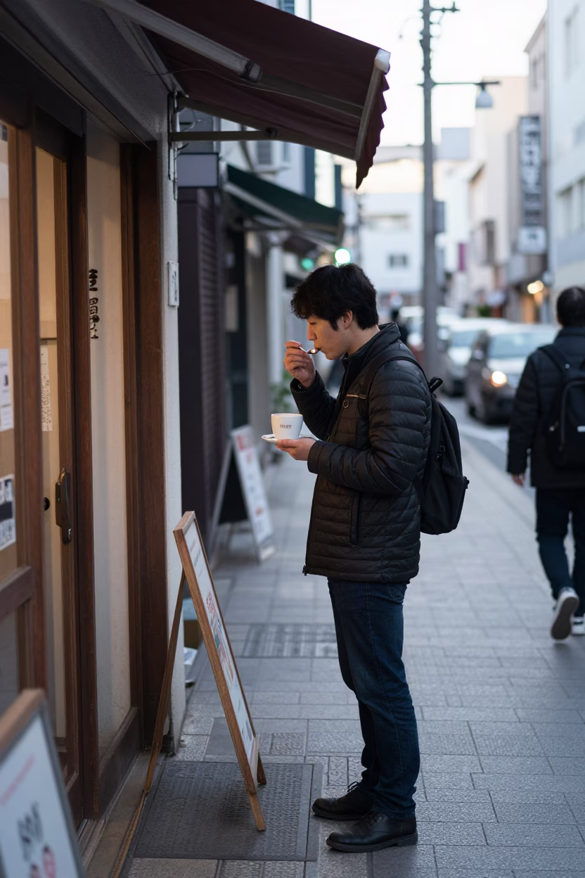 Late Morning Street Scene in Fukuoka Japan with Coffee Cupper and Condensation in in Fukuoka, Japan