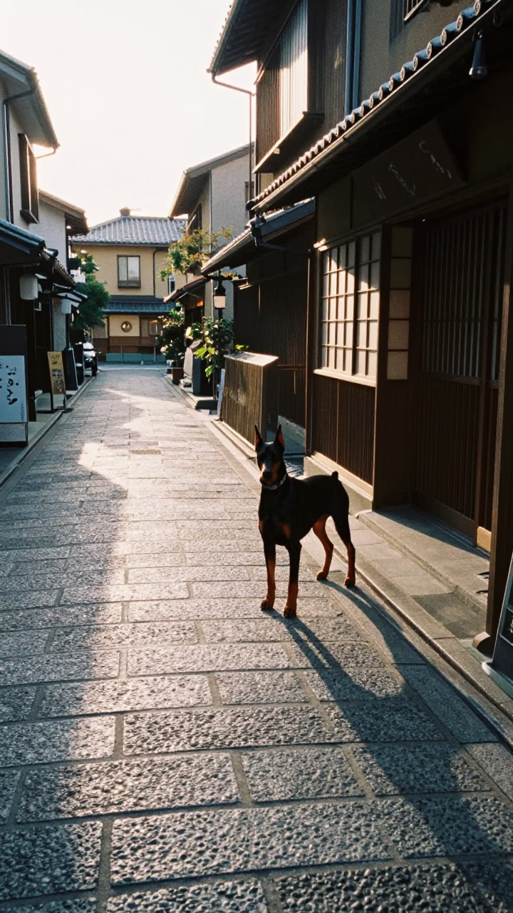 Late morning street scene in Fukuoka Japan with Doberman Pinscher and vintage majolica plate in in Fukuoka, Japan