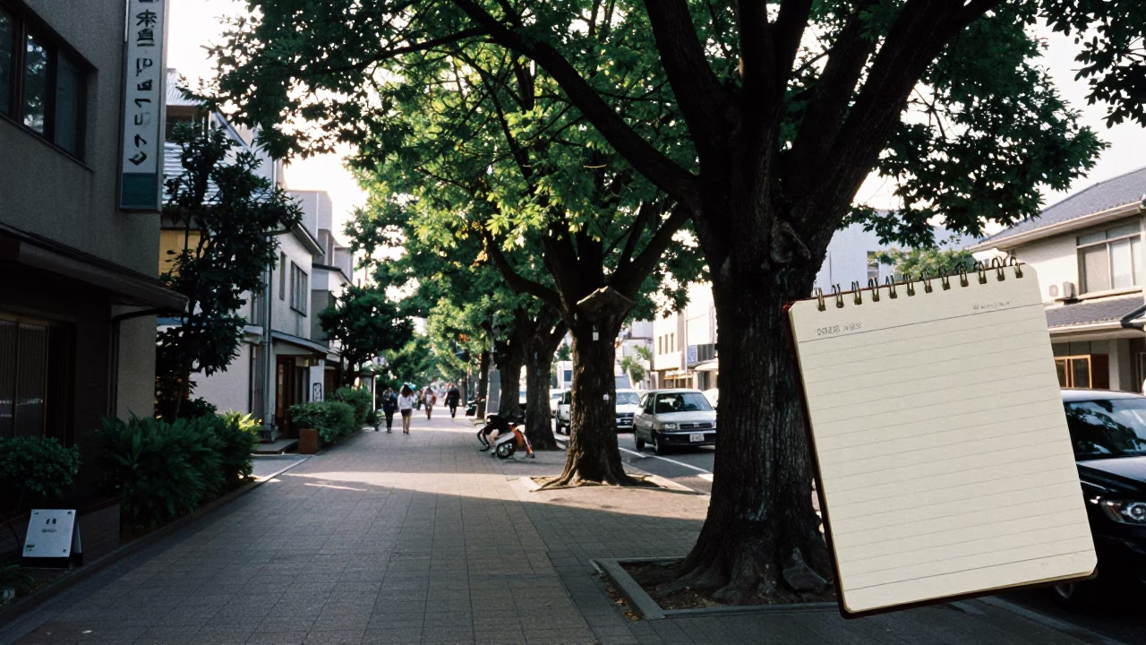 Late Morning Street Scene in Fukuoka Japan with Notebook and Tree in in Fukuoka, Japan