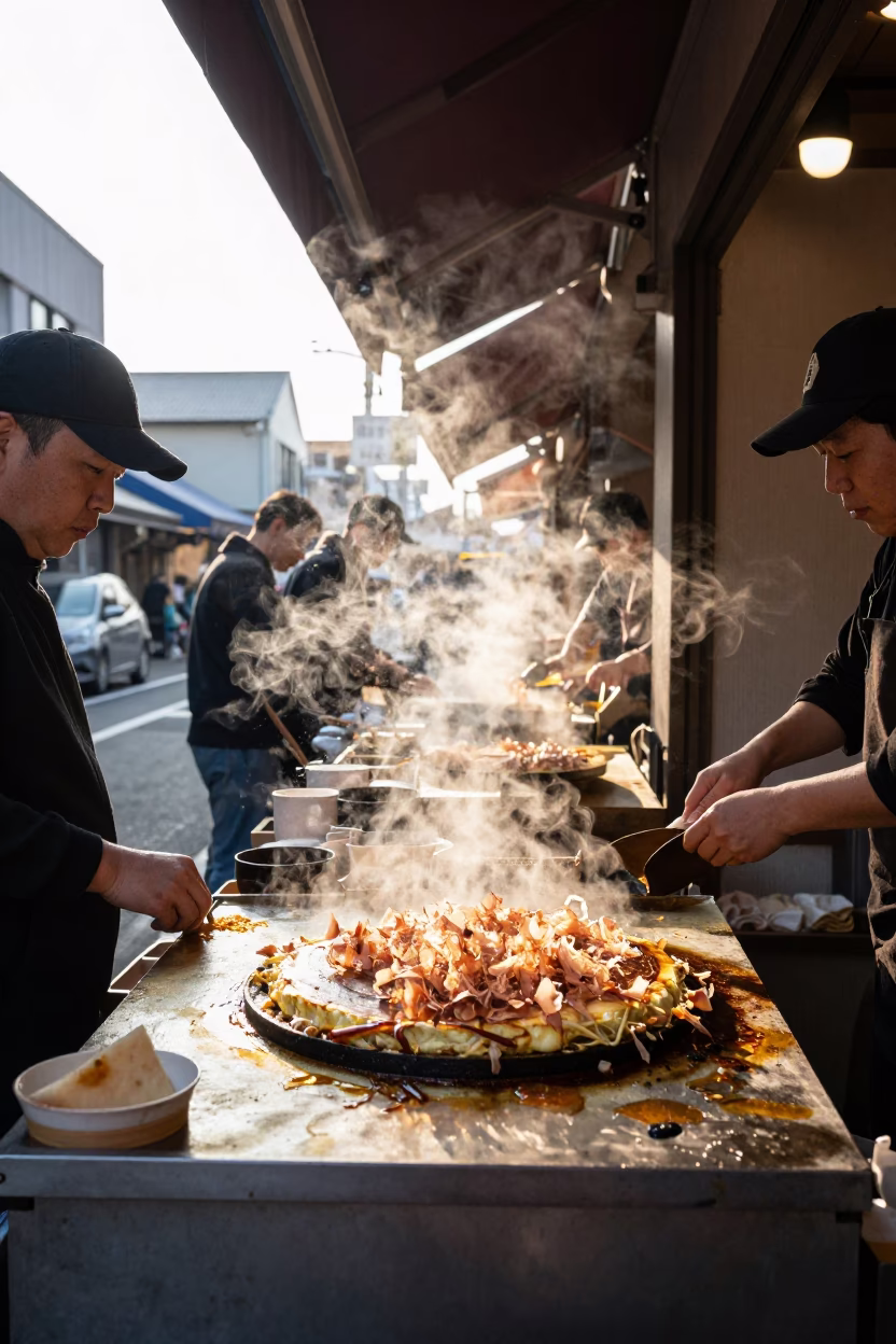 Late Morning Street Scene in Fukuoka Japan with Okonomiyaki and Local Interaction in in Fukuoka, Japan