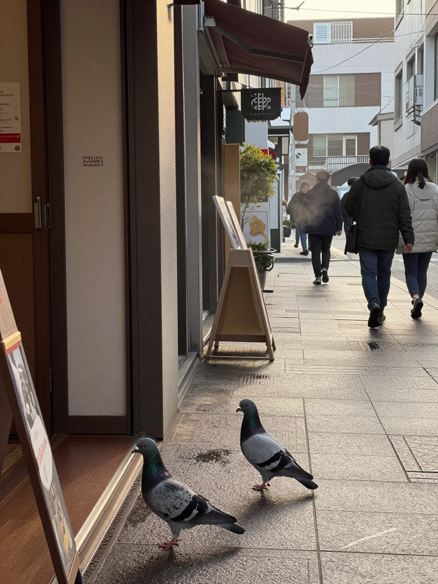 Late Morning Street Scene in Fukuoka Japan with Pigeons and Condensation on Handle in in Fukuoka, Japan