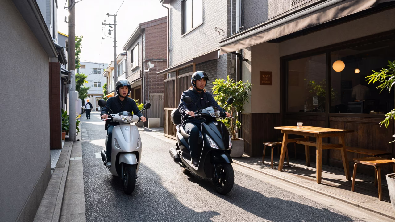Late Morning Street Scene in Fukuoka Japan with Scooter and Coffee in in Fukuoka, Japan