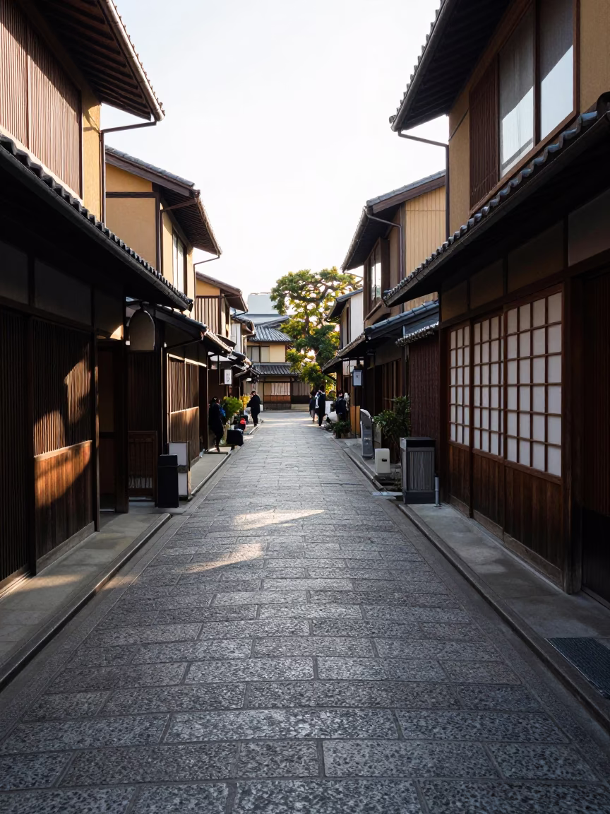 Late Morning Street Scene in Fukuoka Japan with Traditional Architecture and Urban Life in in Fukuoka, Japan