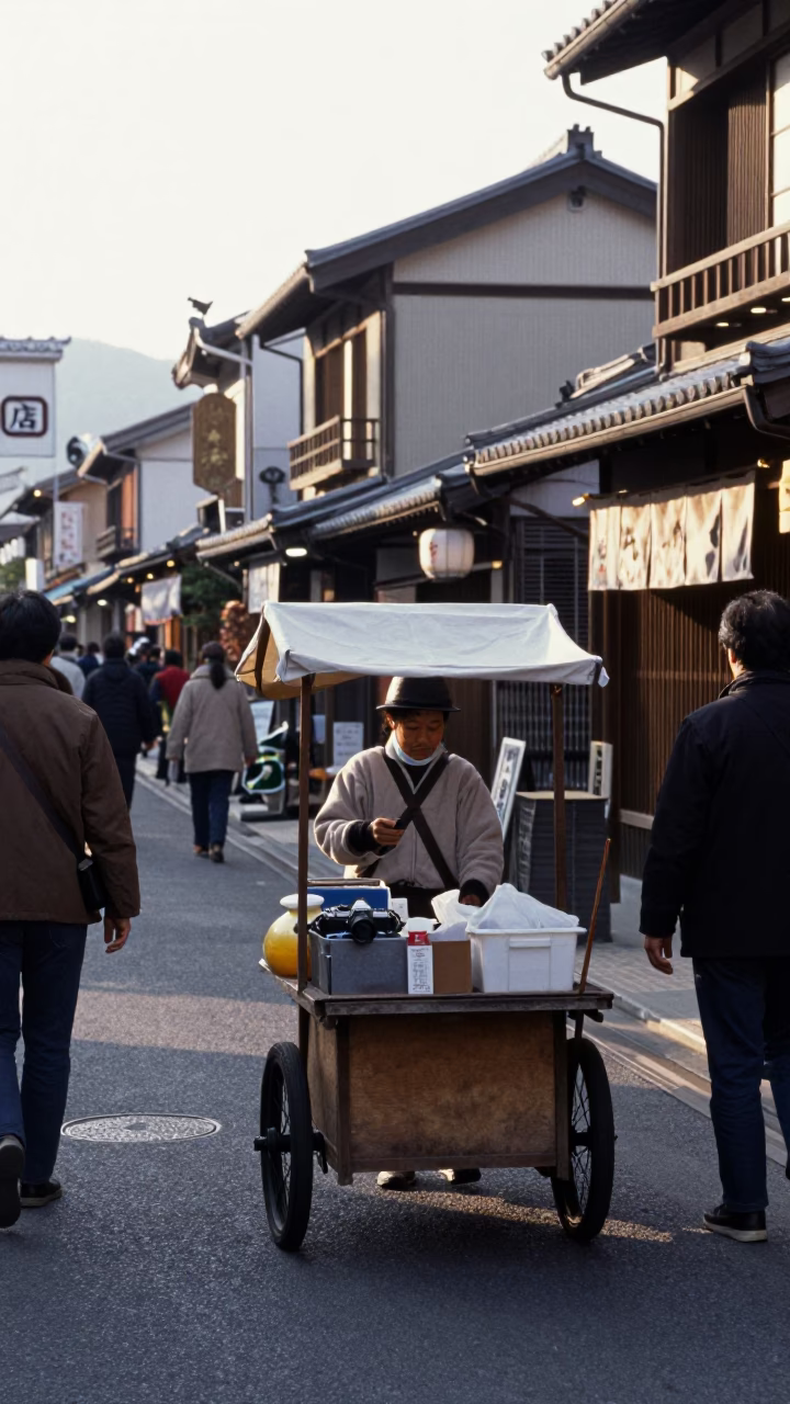 Late Morning Street Scene in Fukuoka Japan with Vendor and Traditional Elements in in Fukuoka, Japan