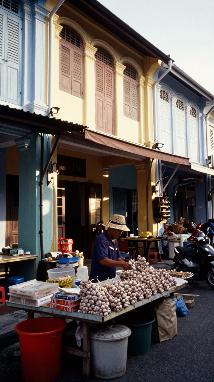 Late Morning Street Scene in George Town Malaysia with Colorful Shop Fronts in in George Town, Malaysia