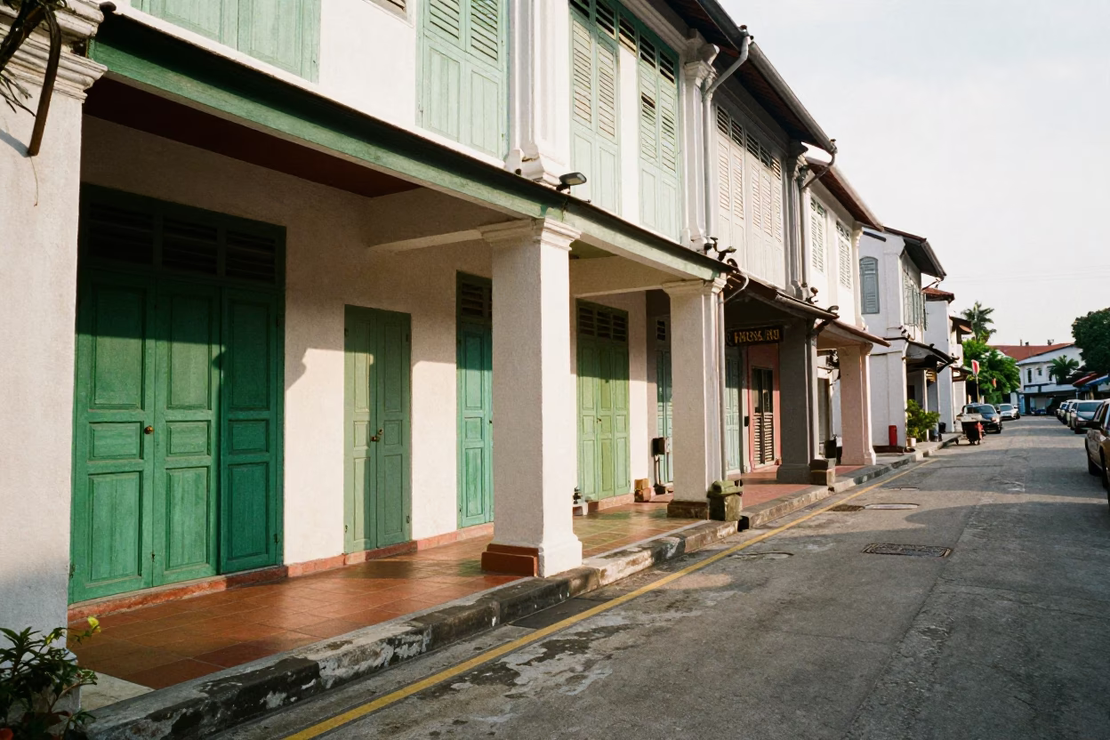 Late Morning Street Scene in George Town Malaysia with Shuttered Shopfronts in in George Town, Malaysia