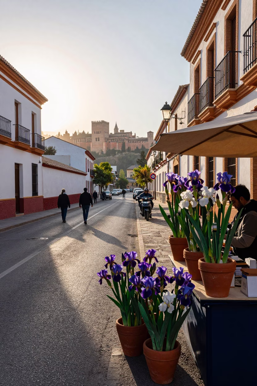 Late Morning Street Scene in Granada Spain with Iris Blossoms and Local Market Activity in in Granada, Spain
