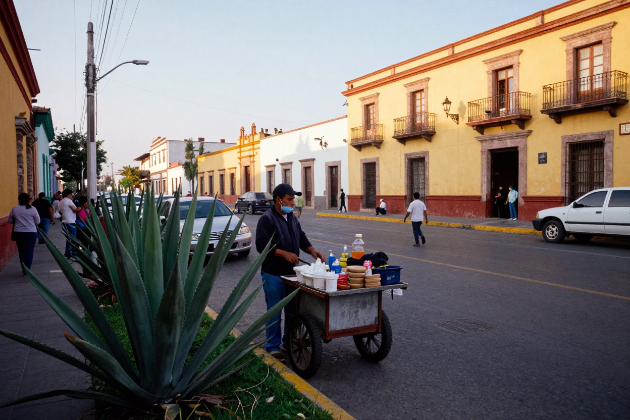 Late Morning Street Scene in Guadalajara Mexico with Agave and Local Commerce in in Guadalajara, Mexico