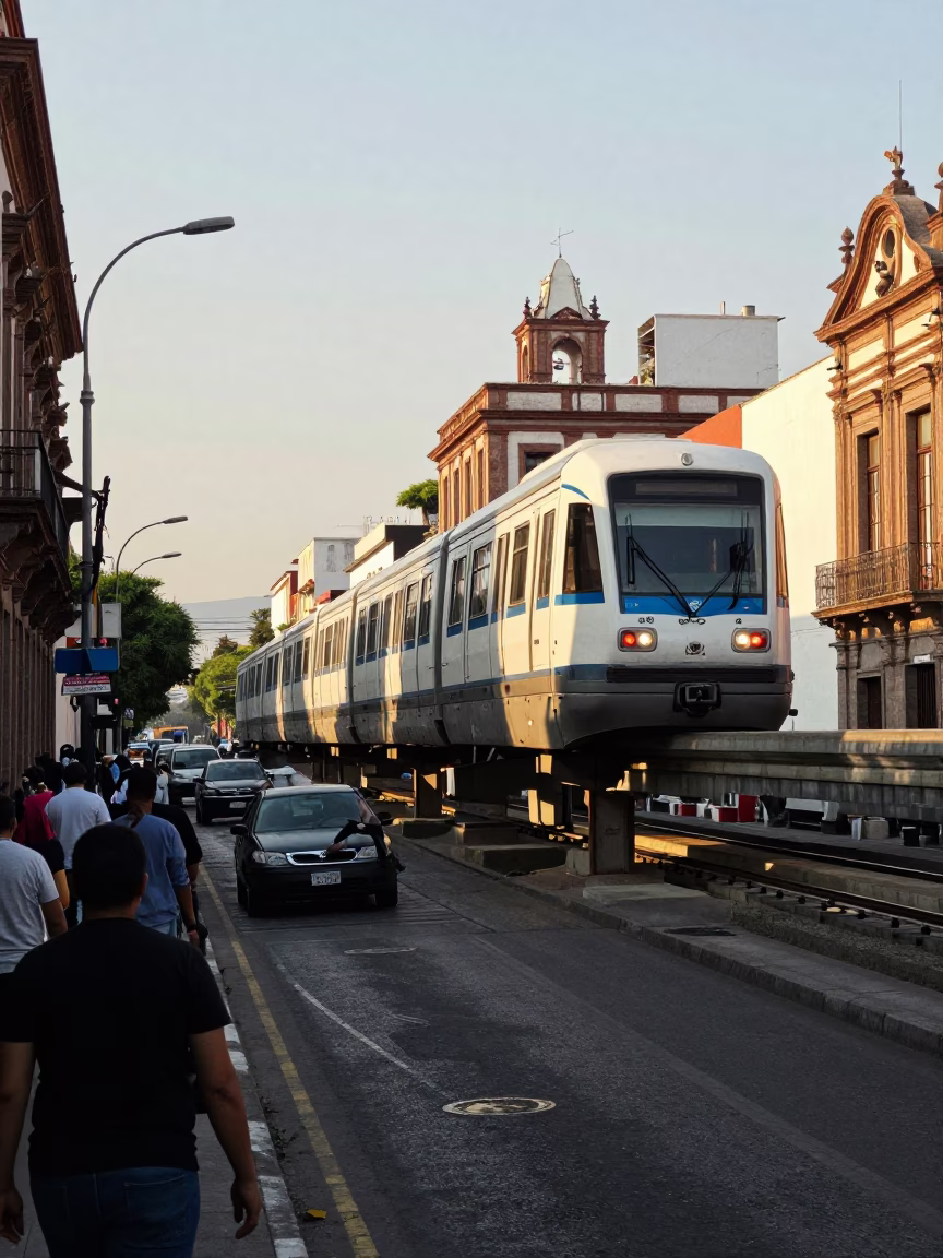 Late Morning Street Scene in Guadalajara Mexico with Monorail and Urban Life in in Guadalajara, Mexico
