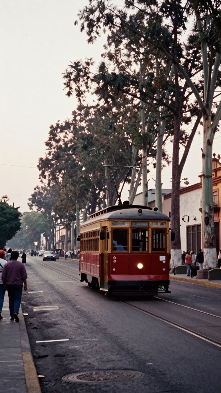 Late Morning Street Scene in Guadalajara Mexico with Tramcar and Tree Lined Boulevard in in Guadalajara, Mexico
