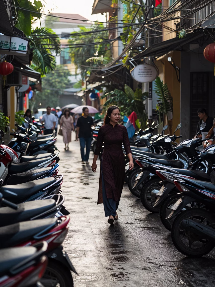 Late Morning Street Scene in Hanoi Vietnam with Motorbikes and Slippery Flagstones in in Hanoi, Vietnam