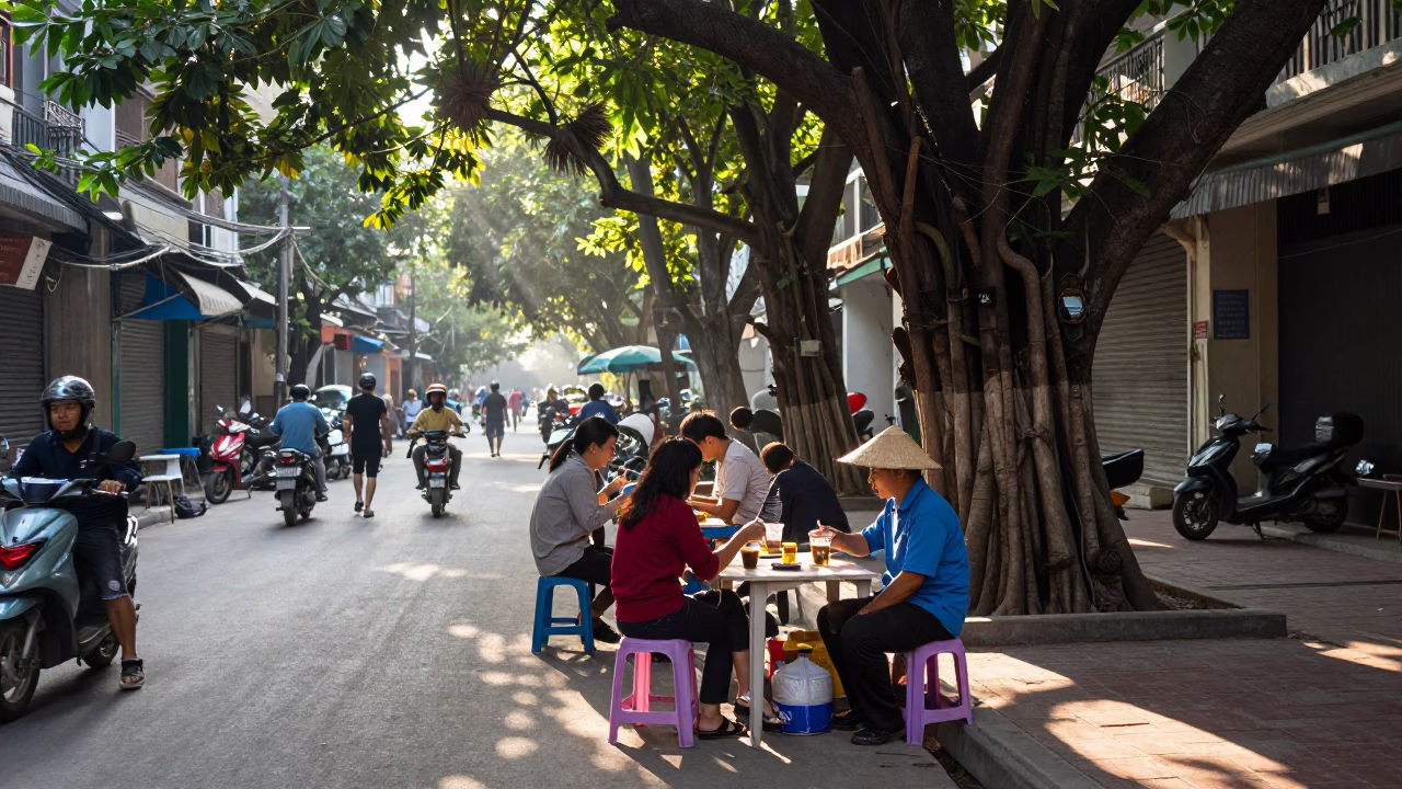 Late morning street scene in Hanoi Vietnam with Vietnamese coffee and pho in in Hanoi, Vietnam