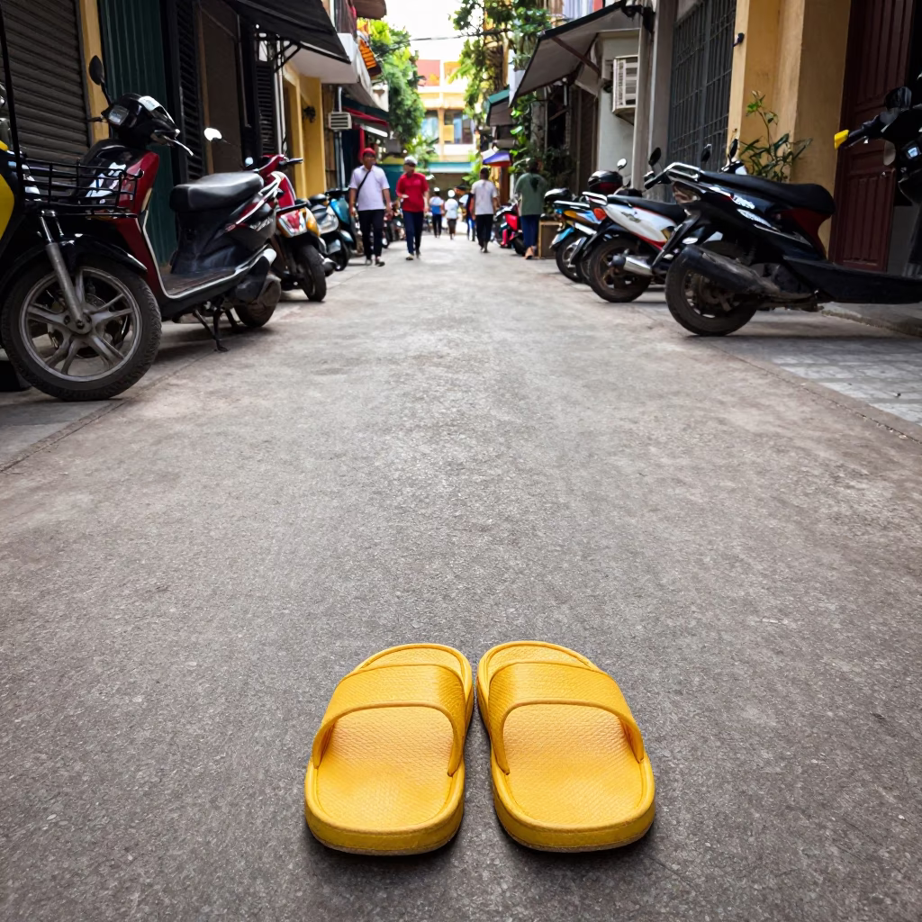 Late Morning Street Scene in Hanoi Vietnam with Yellow Slippers and Weathered Plaster in in Hanoi, Vietnam