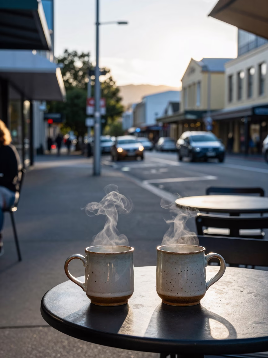 Late Morning Street Scene in Hobart Tasmania Australia with Ceramic Mugs in in Hobart, Tasmania, Australia