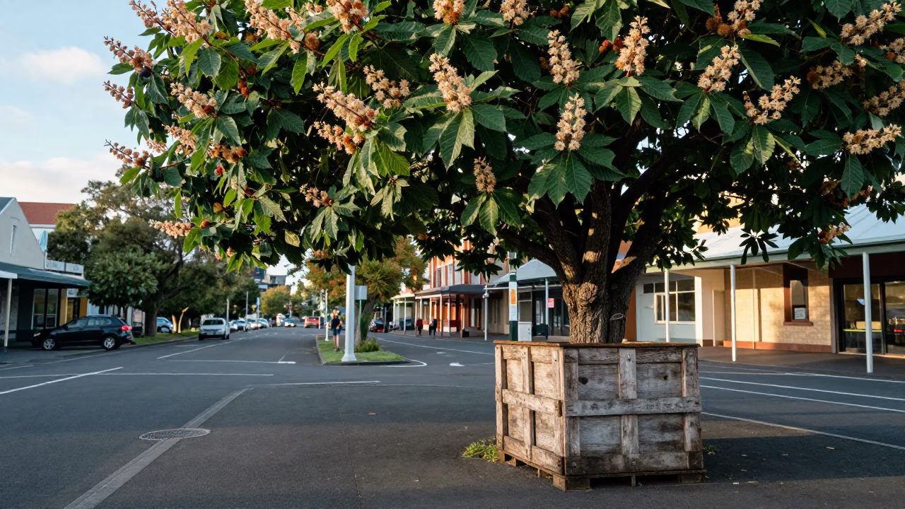 Late Morning Street Scene in Hobart Tasmania Australia with Chestnut Tree and Crate in in Hobart, Tasmania, Australia