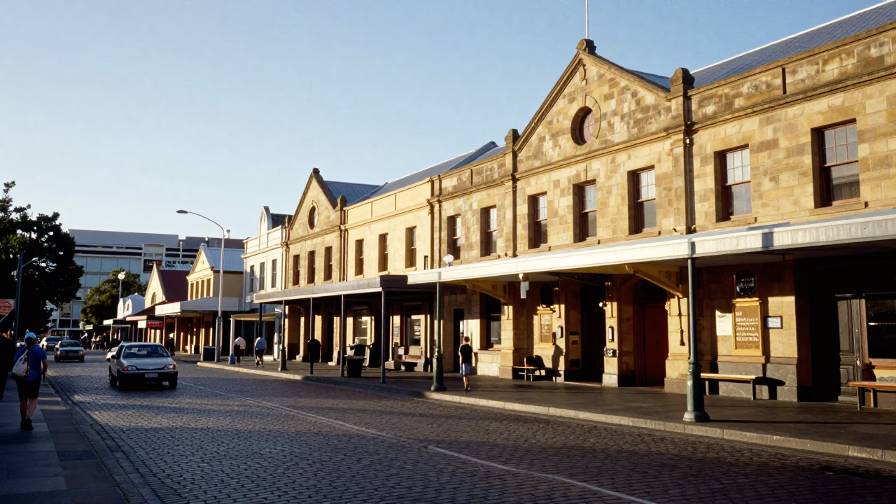 Late Morning Street Scene in Hobart Tasmania Australia with Local Life and Architecture in in Hobart, Tasmania, Australia
